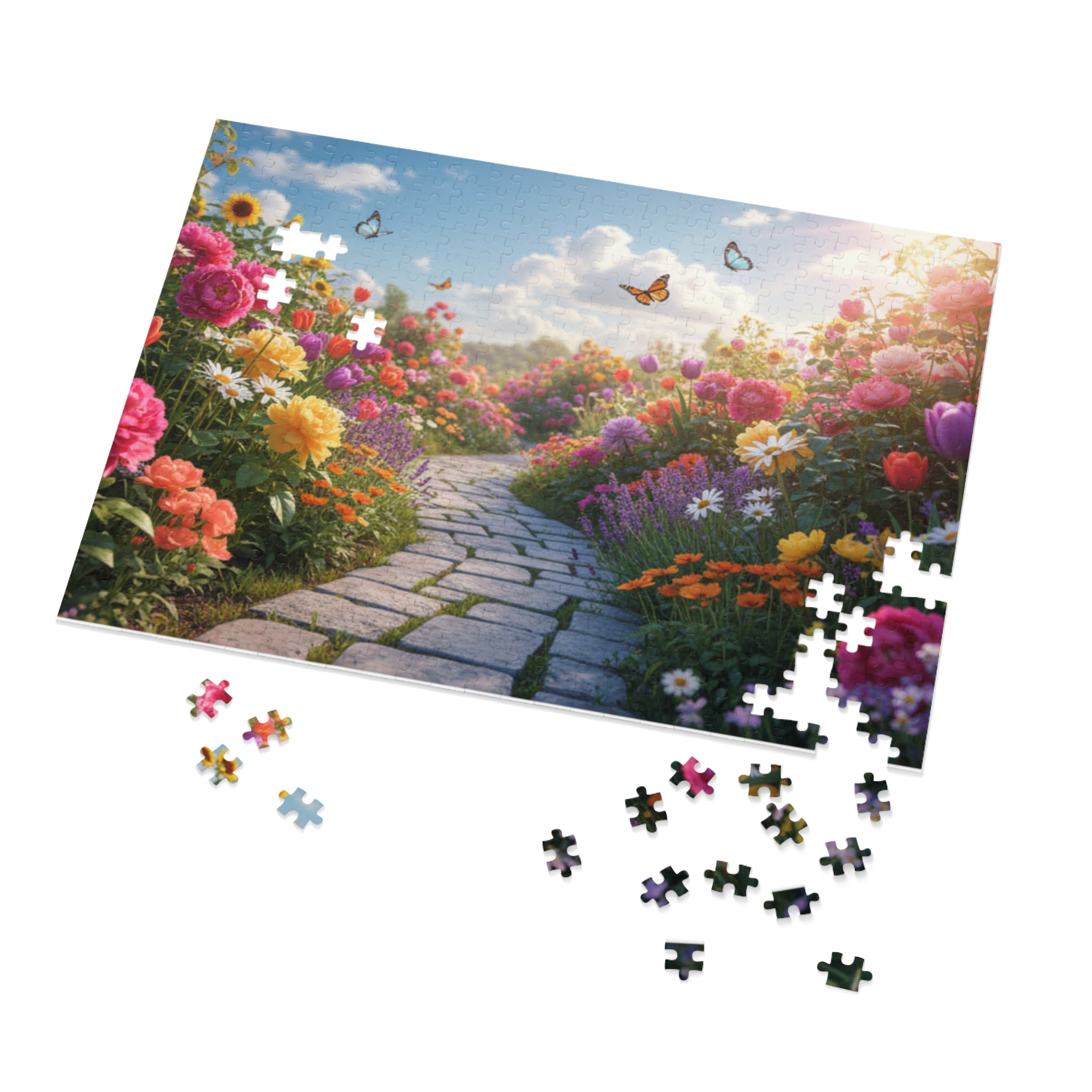 Spring Garden Path 500-Piece Jigsaw Puzzle with Tin — Floral Butterfly Scene