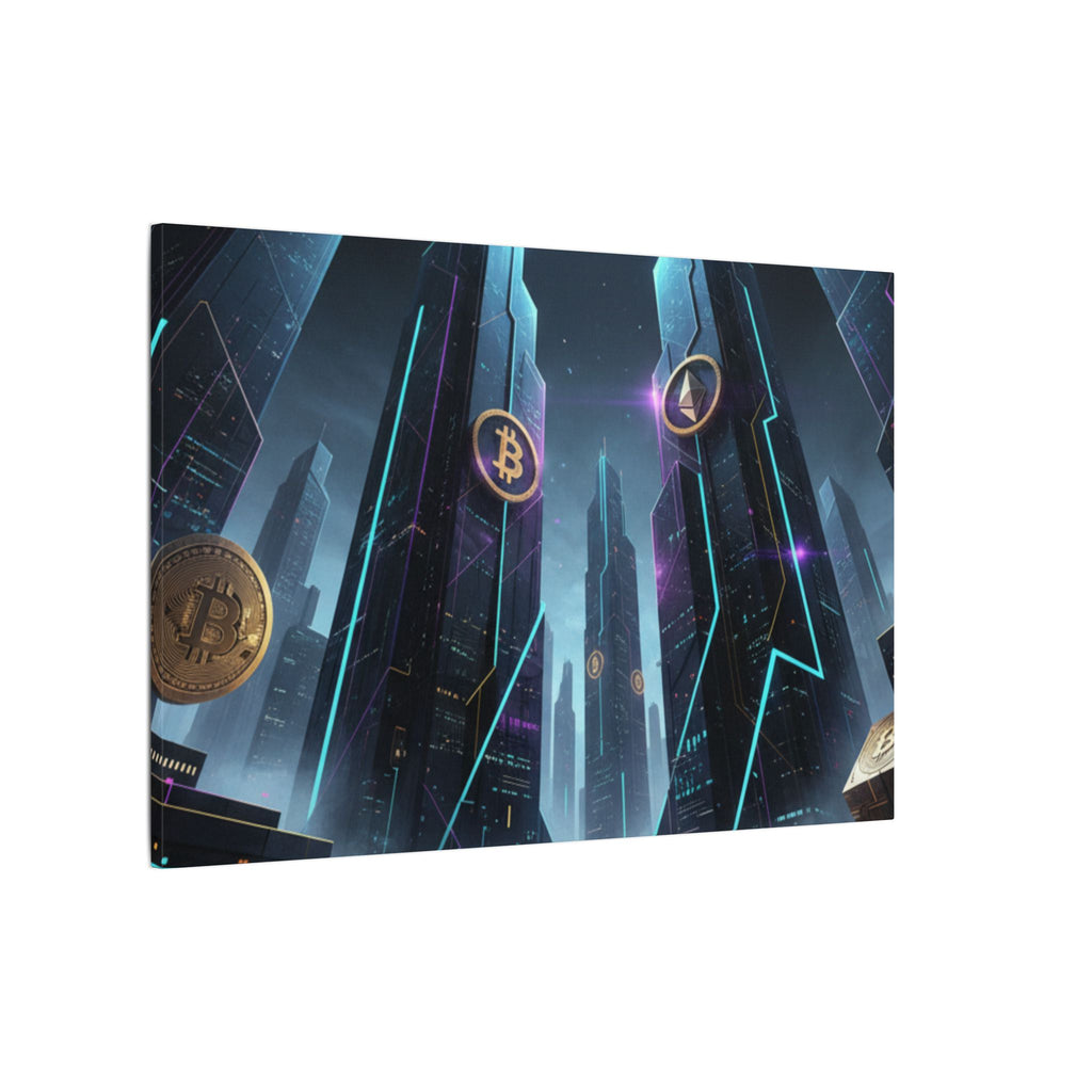 Crypto City Canvas Print — Futuristic Bitcoin & Ethereum Wall Art