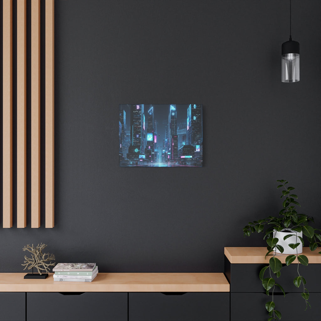 Cyberpunk Crypto Cityscape Canvas Print — Futuristic Neon Skyline Wall Art