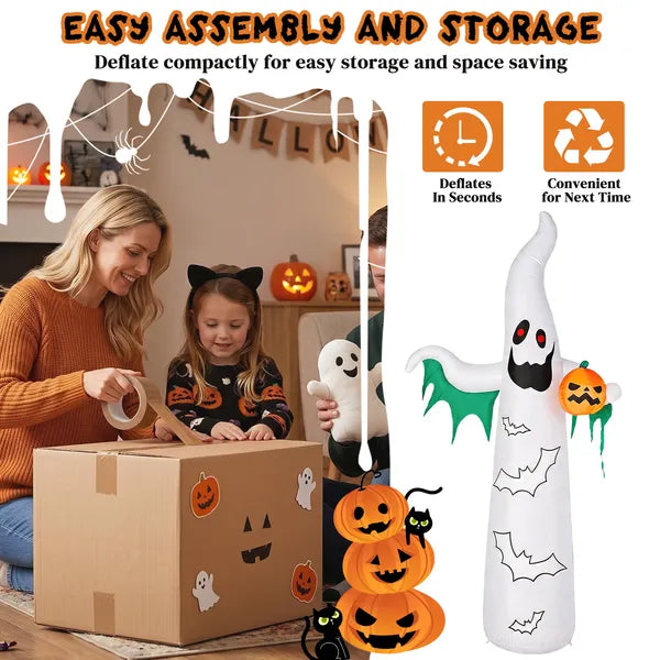 12ft Inflatable Halloween Decor With Flashing Bats & White Ghosts, 4 LED Lights