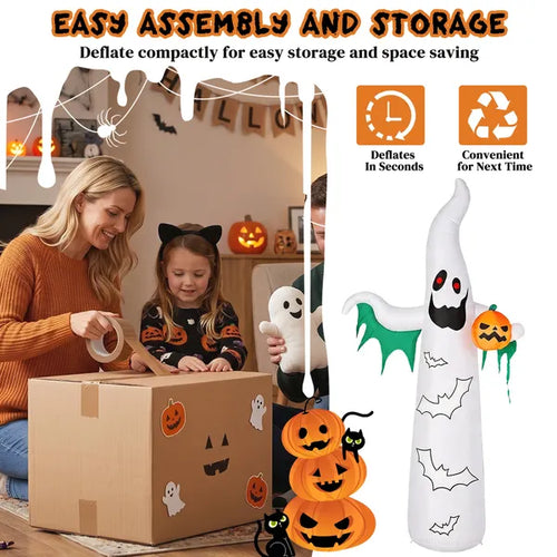 12ft Inflatable Halloween Decor With Flashing Bats & White Ghosts, 4 LED Lights