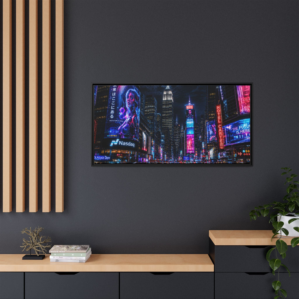 Time Square City Scape "Cyberpunk themed" Neon City Nights Matte Canvas Print (Framed)
