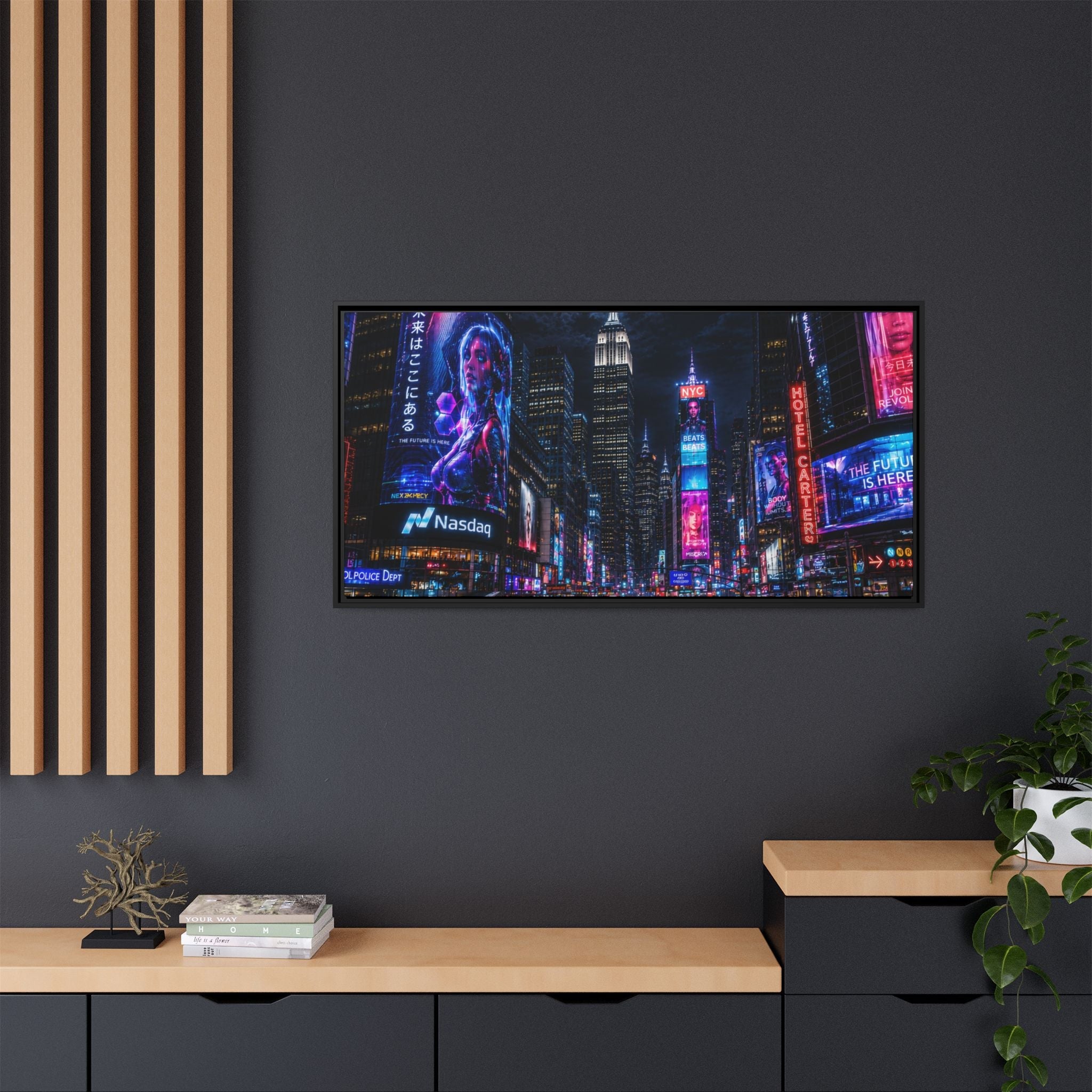 Time Square City Scape "Cyberpunk themed" Neon City Nights Matte Canvas Print (Framed)