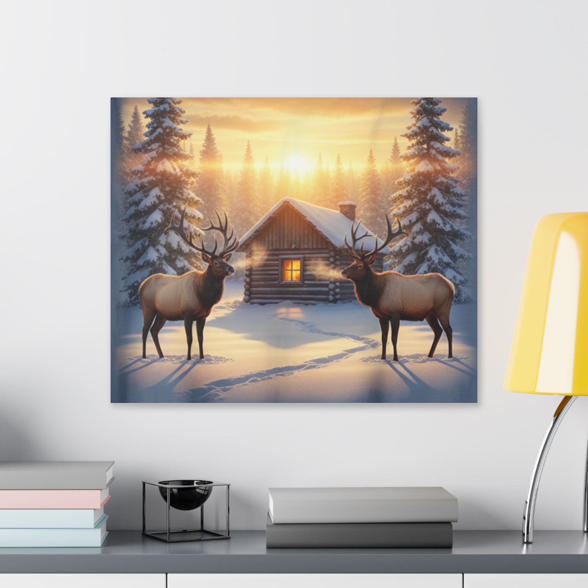 Winter Cabin Elk Canvas Wall Art – Cozy Snowy Forest Sunset Print