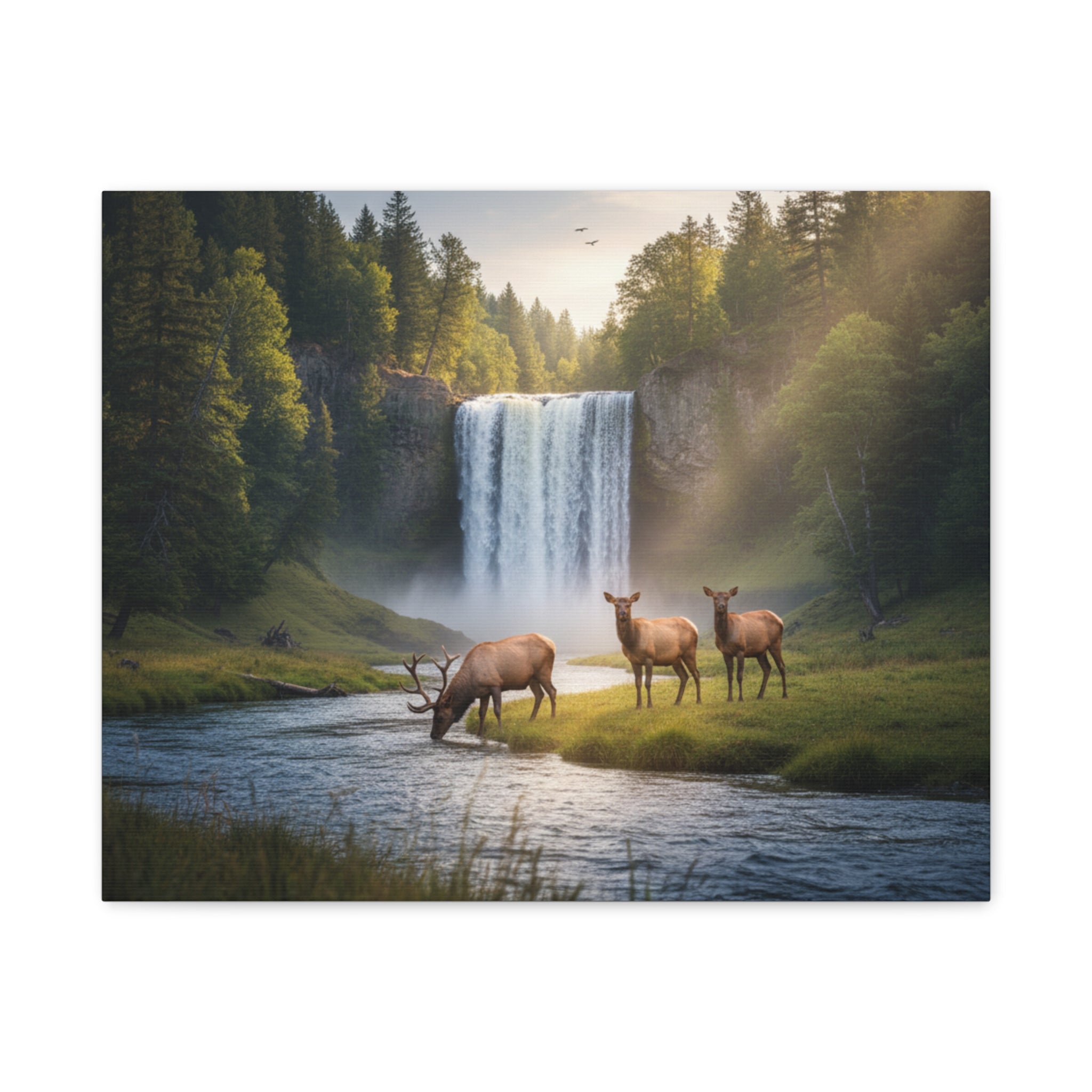 Waterfall Elk Canvas Print — Matte Stretched Wall Art