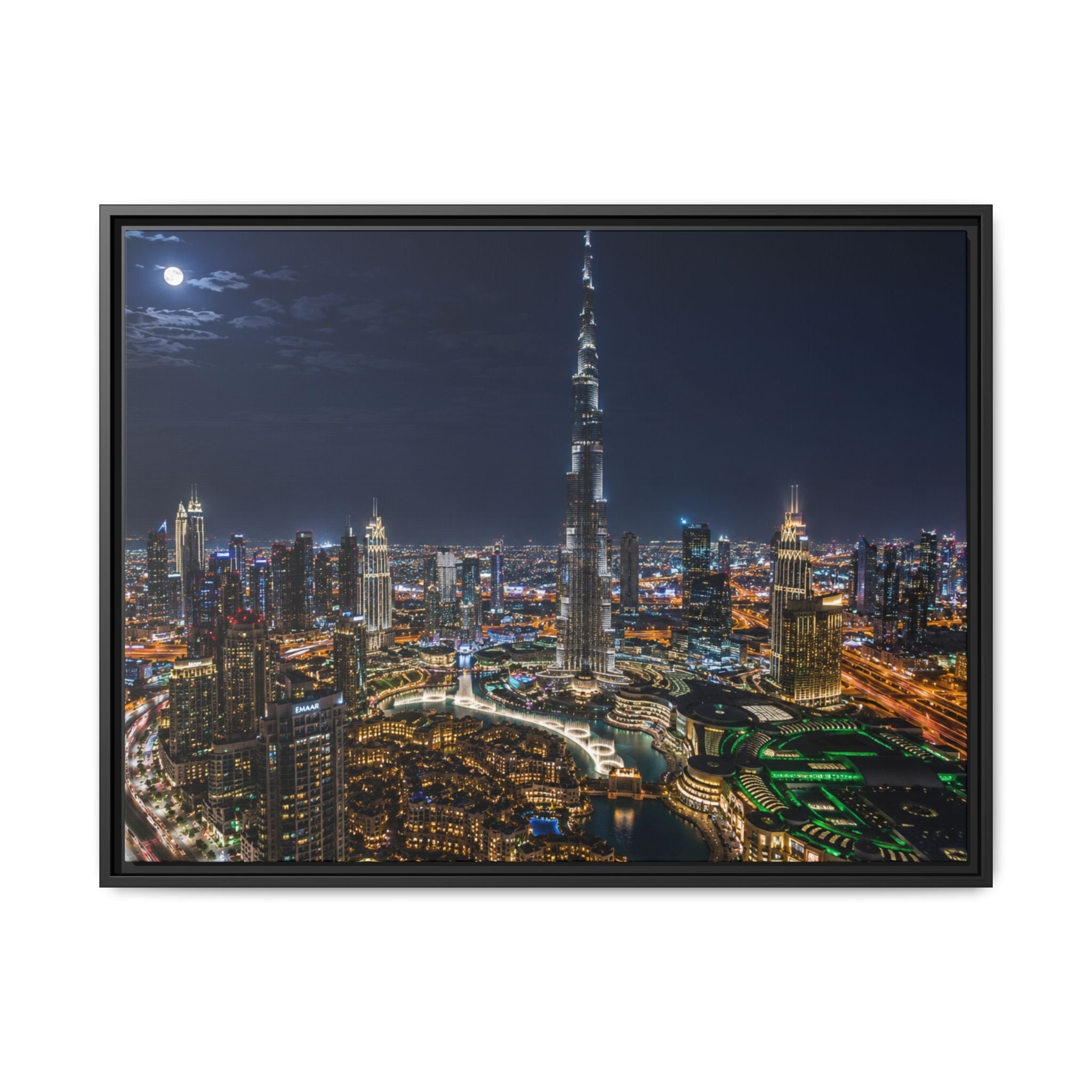 Dubai Night Skyline Matte Framed Canvas Print