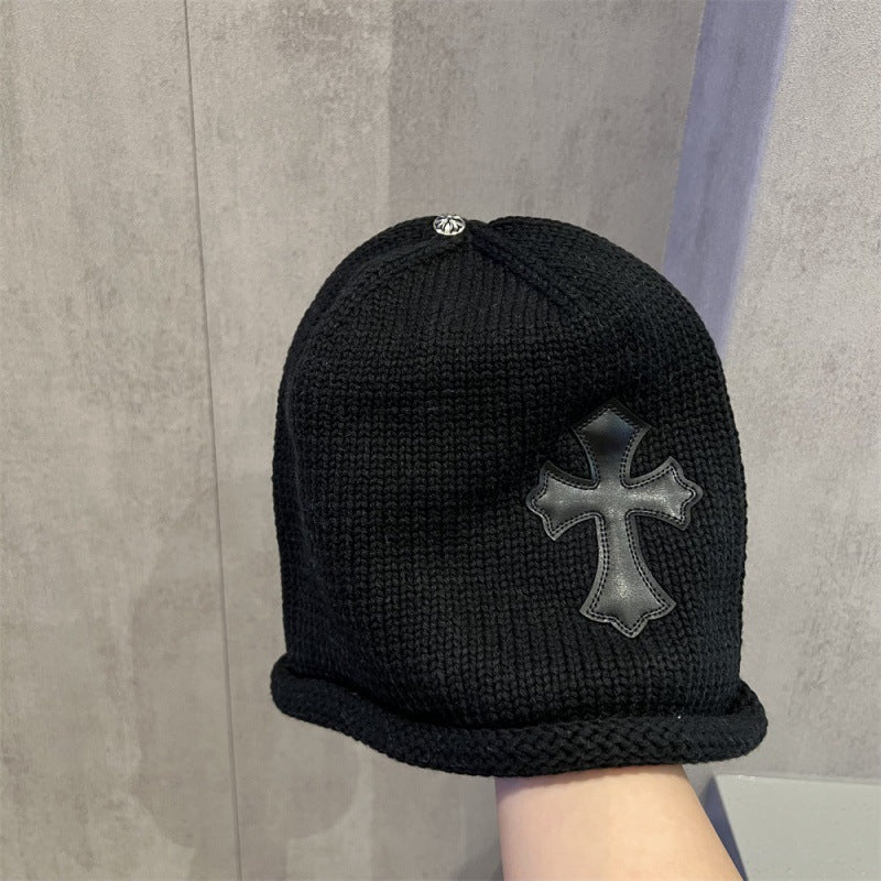Leather Patch Edge Knit Beanie Knitted Stack Hat  Ear Protection Head Covering Cold Hat