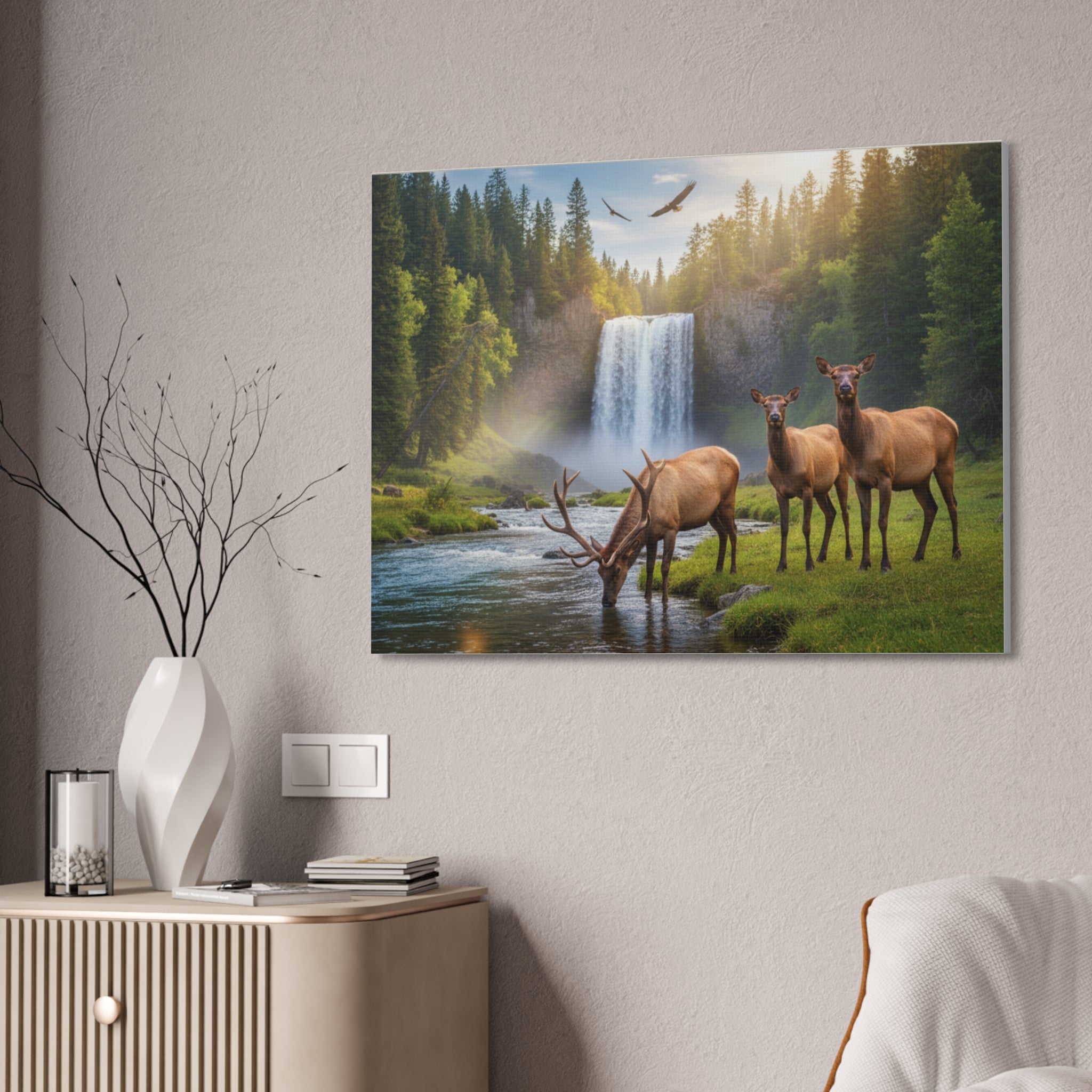 Elk Waterfall Canvas Print — Serene Wildlife Landscape Wall Art, 1.5" Stretched
