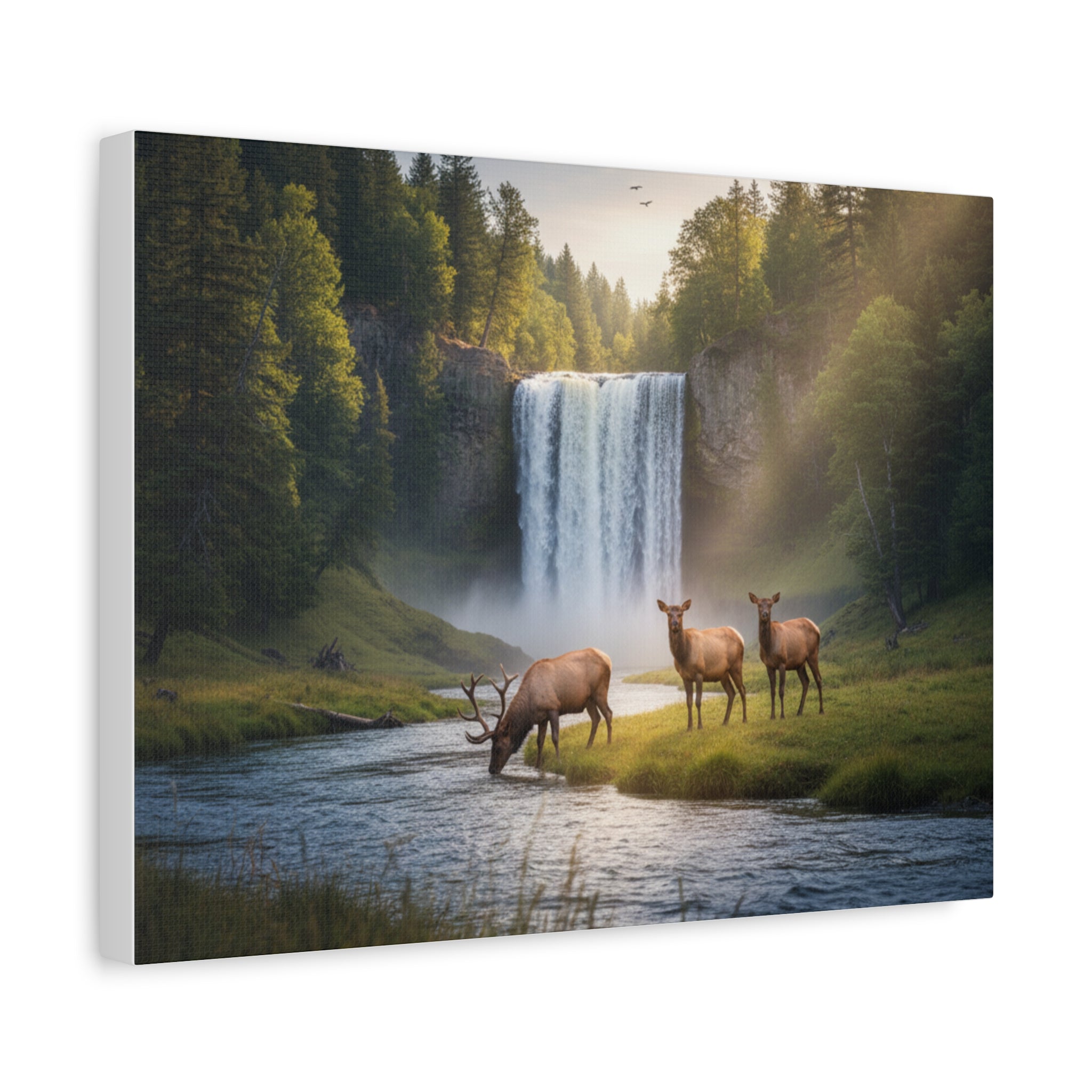 Waterfall Elk Canvas Print — Matte Stretched Wall Art