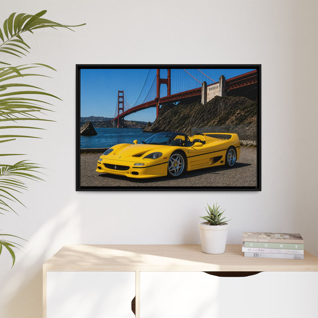 Ferrari F50 1995 Yellow — Framed Matte Canvas of Ferrari by Golden Gate Bridge