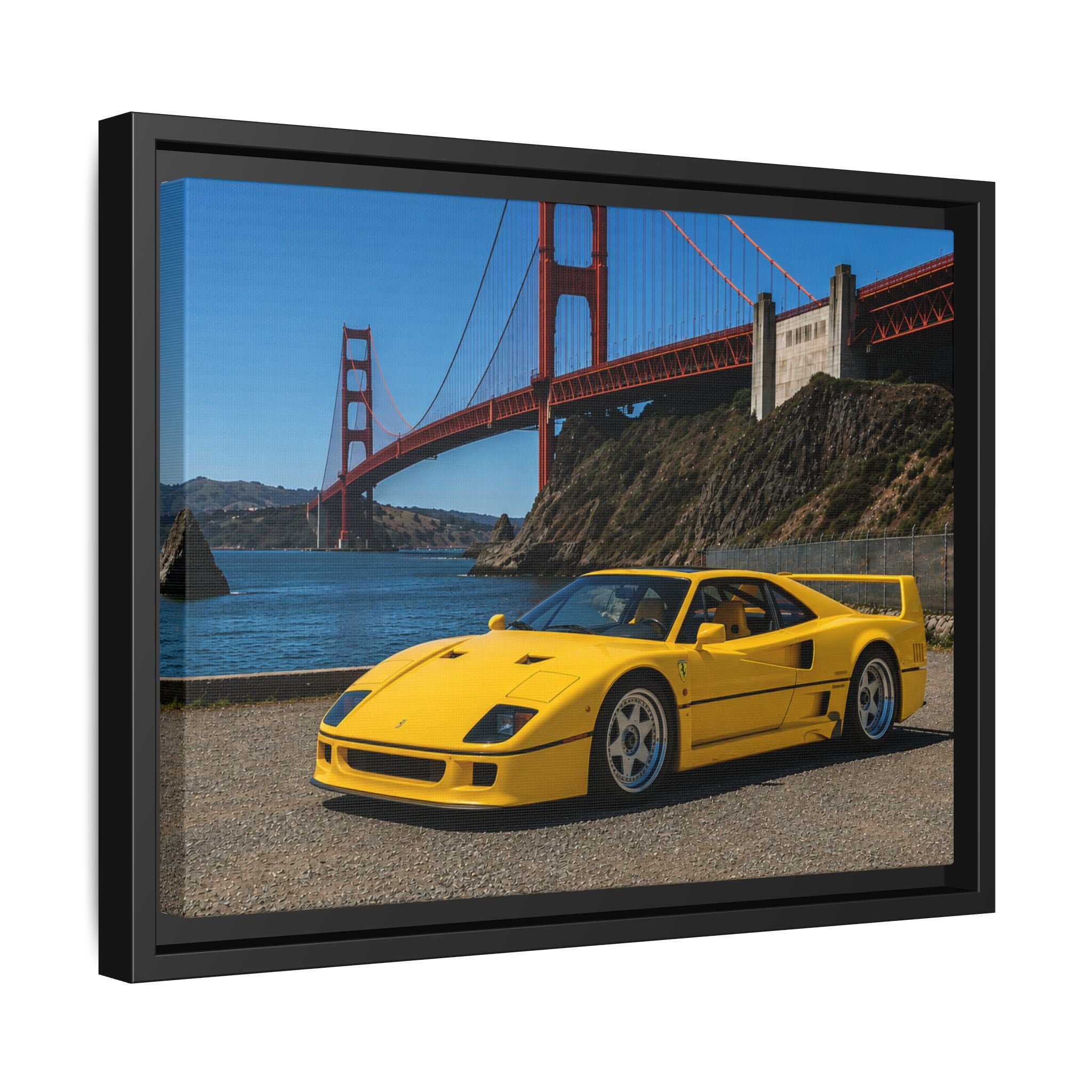 Ferrari 1987 F40 — Yellow Ferrari by the Golden Gate Bridge - Stunning Framed Canvas