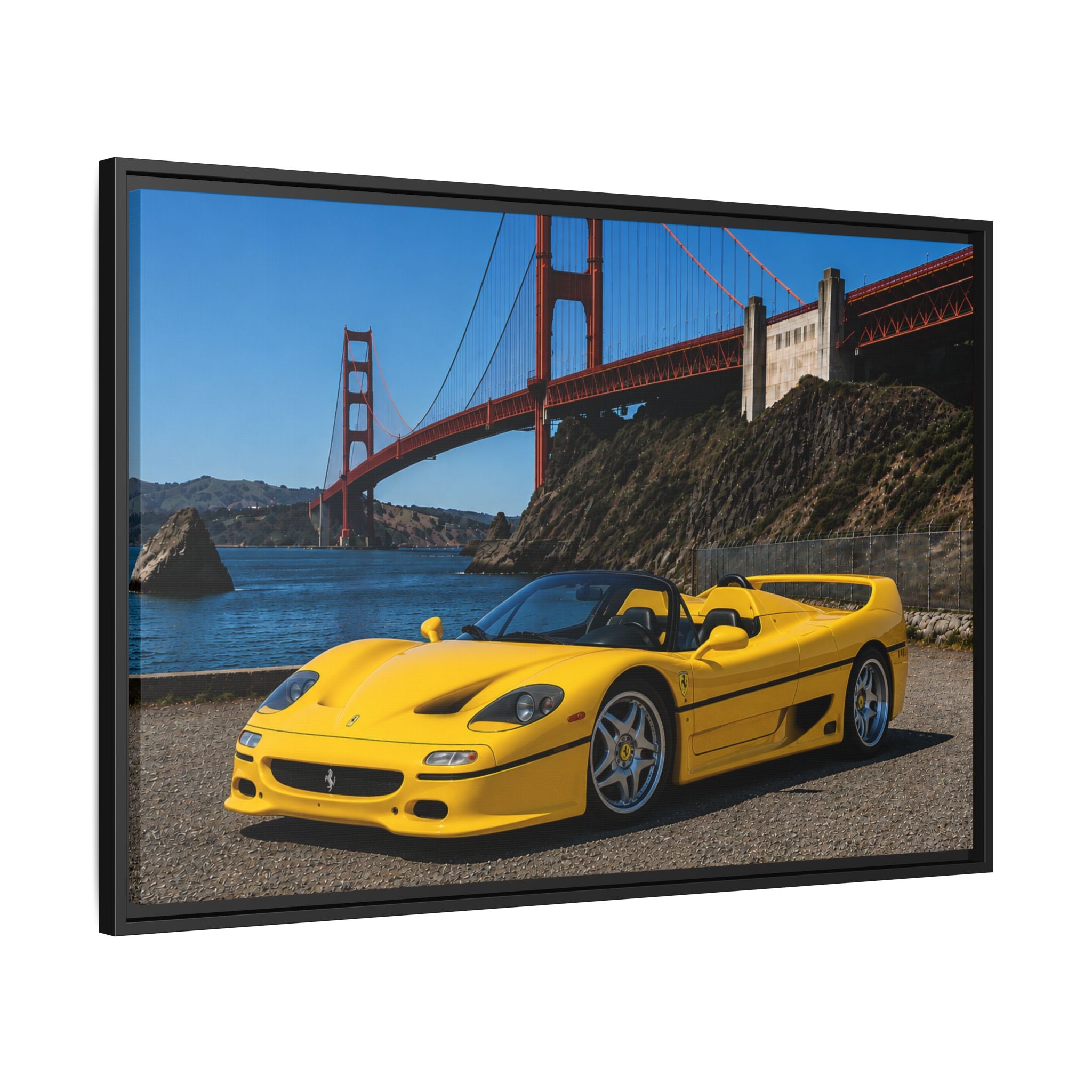 Ferrari F50 1995 Yellow — Framed Matte Canvas of Ferrari by Golden Gate Bridge