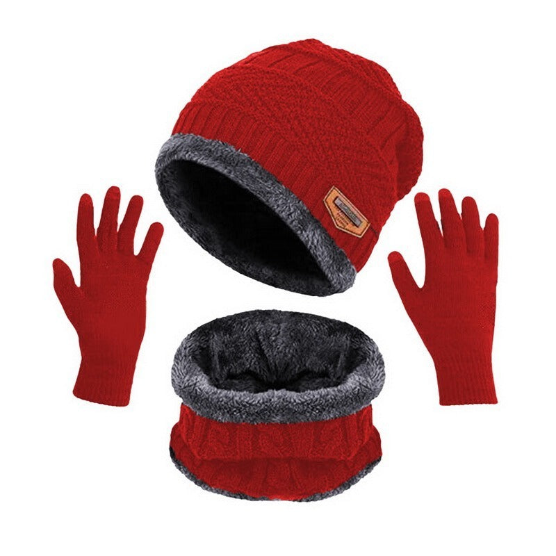 Winter Warmth And Thickening Hat Scarf Scarf Solid Color Touch Screen Gloves Three Sets Of Adults