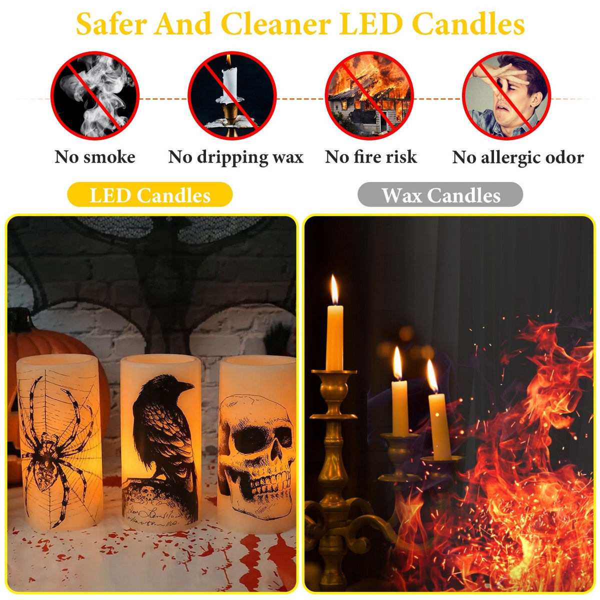 3 Pack Halloween Flameless Candle Lamp With Timer Setting Battery Operated Warm