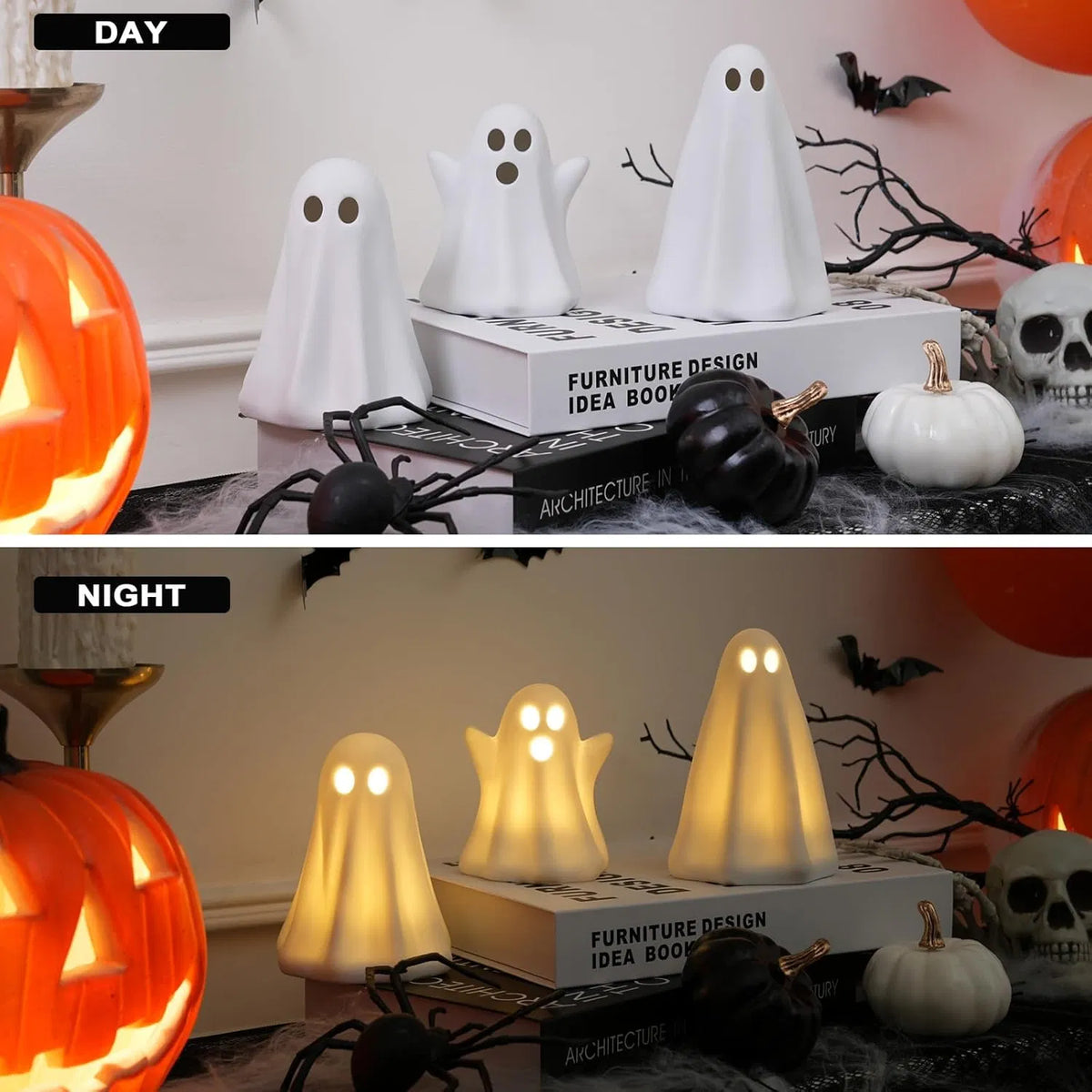 Light Up Ghost Halloween Decor, 3 Pack Ceramic Halloween Ghost Decorations