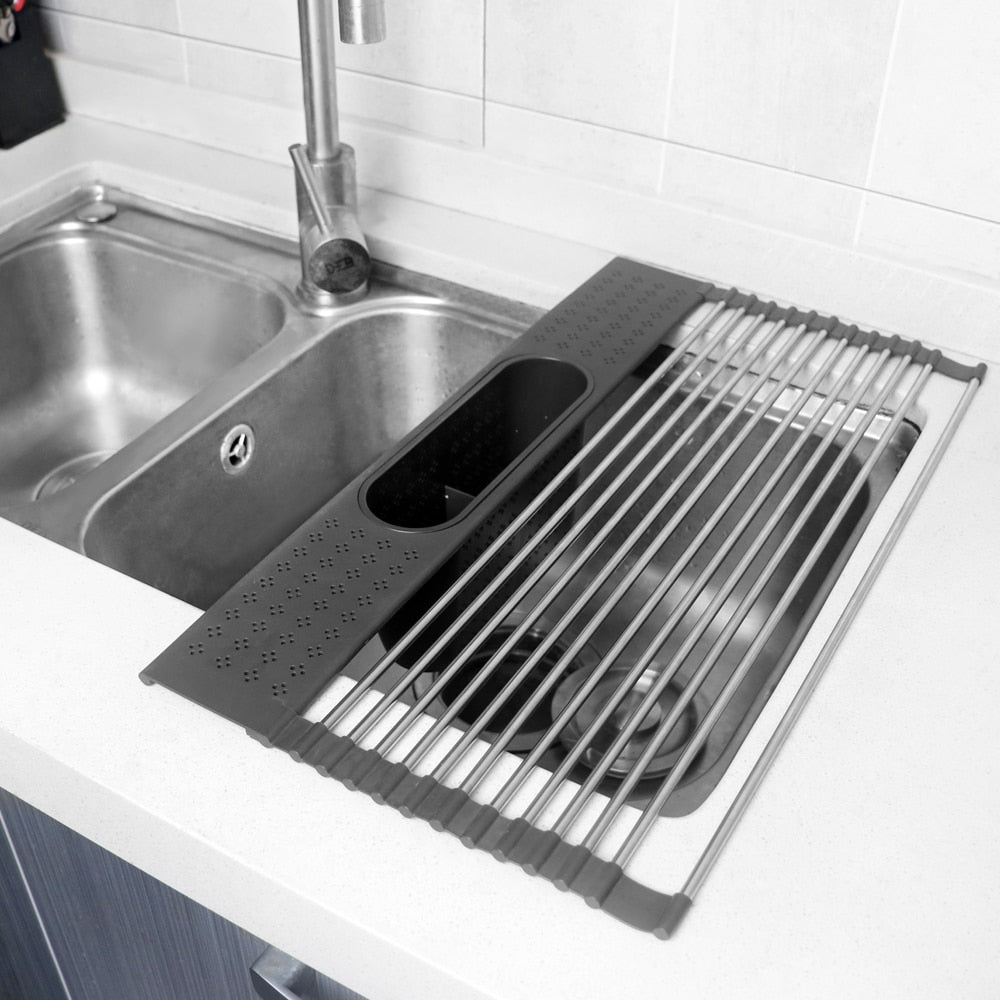 Dish Drainer Over Sink For Kitchen Organizer Multi-Use Roll-up Drying Foldable Rack Fruit Vegetable Meat Mat