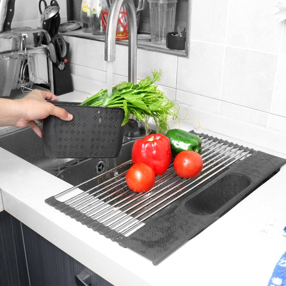 Dish Drainer Over Sink For Kitchen Organizer Multi-Use Roll-up Drying Foldable Rack Fruit Vegetable Meat Mat