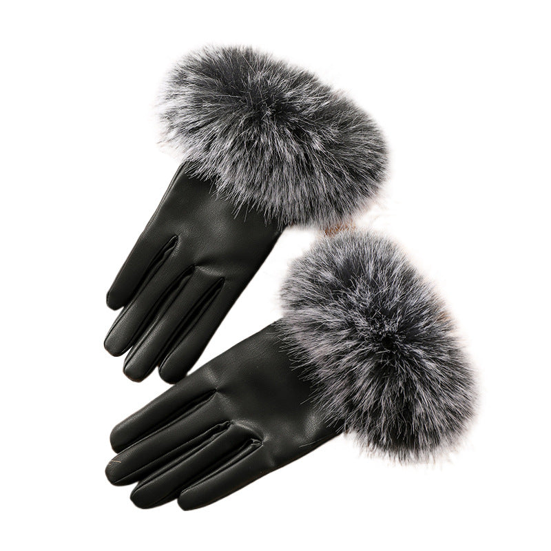 Women's winter gloves with windproof and plush thick fur mouth gloves, cold resistant touch screen riding warm gloves, Korean style minimalist gloves