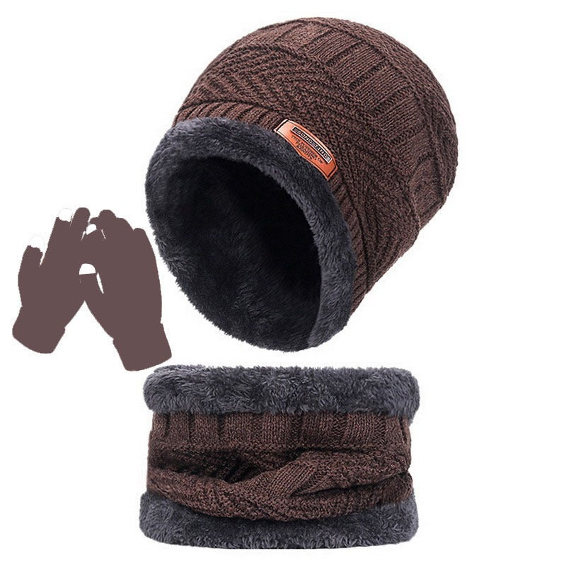 Winter Warmth And Thickening Hat Scarf Scarf Solid Color Touch Screen Gloves Three Sets Of Adults