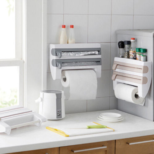 Creative Kitchen Storage Roll Dispenser Cling Film Tin Foil Holder Rack 4 in 1 Wall Mount Towel Roll Holder Hanger Organizer