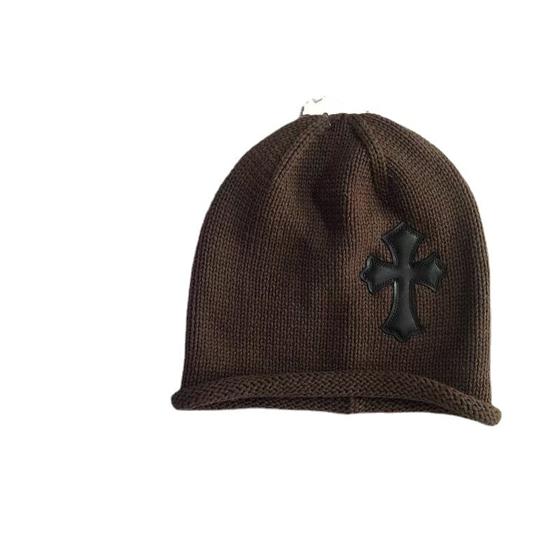 Leather Patch Edge Knit Beanie Knitted Stack Hat  Ear Protection Head Covering Cold Hat