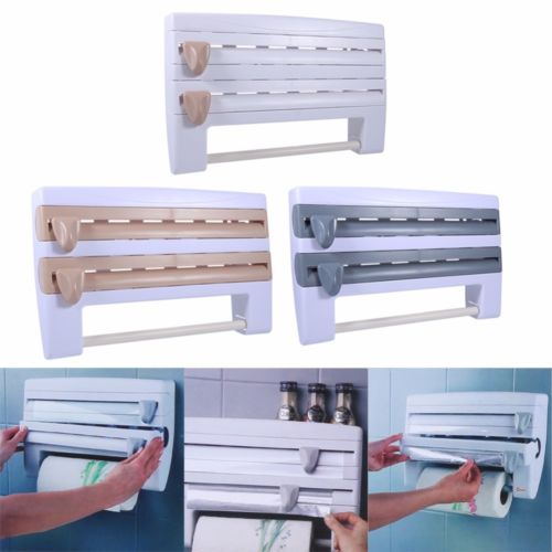 Creative Kitchen Storage Roll Dispenser Cling Film Tin Foil Holder Rack 4 in 1 Wall Mount Towel Roll Holder Hanger Organizer