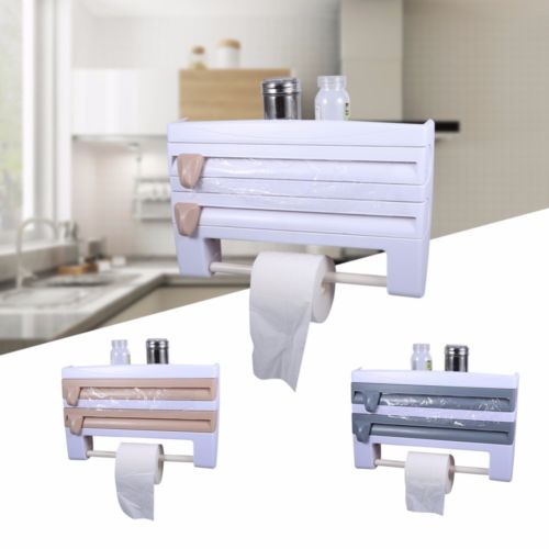 Creative Kitchen Storage Roll Dispenser Cling Film Tin Foil Holder Rack 4 in 1 Wall Mount Towel Roll Holder Hanger Organizer