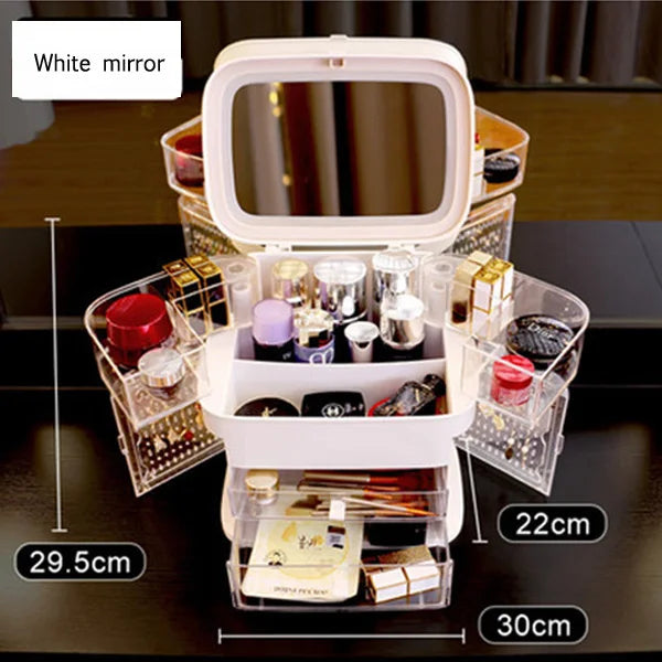 LED Makeup Mirror With Light Cosmetic Storage Box Lipstick Finishing Box Drawer Type Vanity Mirror Skin Care Product Storage Box