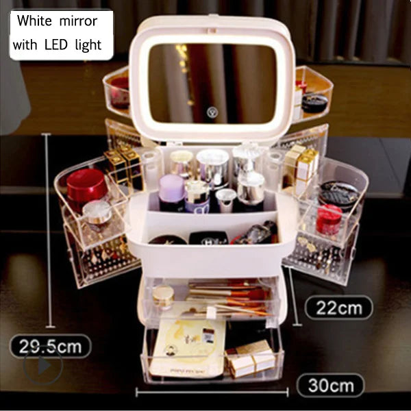 LED Makeup Mirror With Light Cosmetic Storage Box Lipstick Finishing Box Drawer Type Vanity Mirror Skin Care Product Storage Box