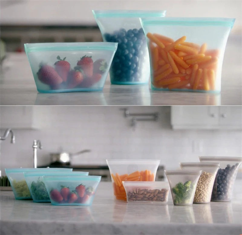 Silicone Food Storage Containers Set Fresh Bowl Cup Bag Reusable Stand Up Zips Shut Bag Fruit Vegeta