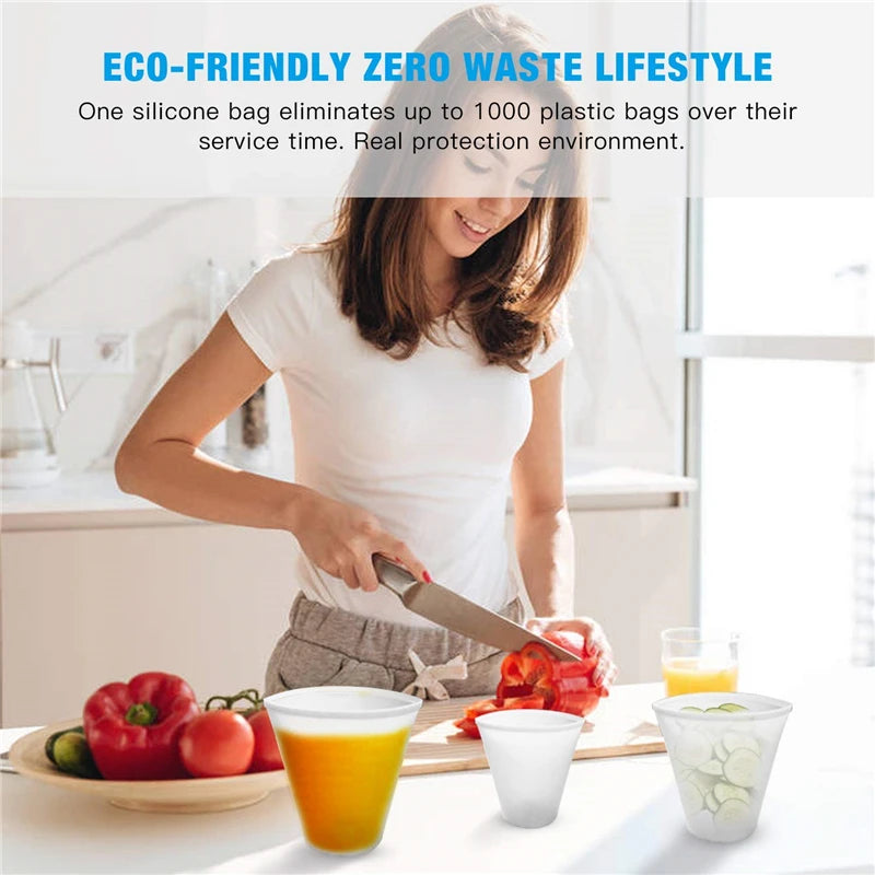 Silicone Food Storage Containers Set Fresh Bowl Cup Bag Reusable Stand Up Zips Shut Bag Fruit Vegeta