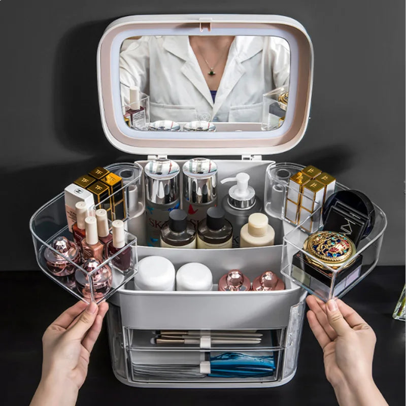 LED Makeup Mirror With Light Cosmetic Storage Box Lipstick Finishing Box Drawer Type Vanity Mirror Skin Care Product Storage Box