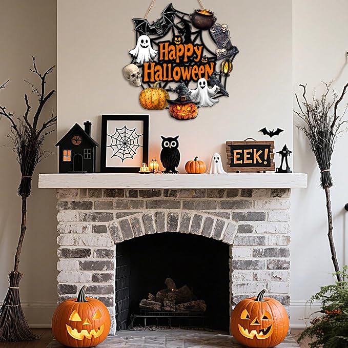 Halloween Wooden Ghost Wreath Door Decoration With Pumpkin, Bat And Witch