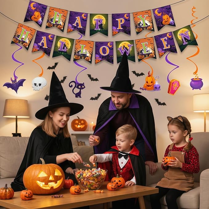 Halloween Party Decorations, Happy Halloween Banner With 6 Hanging Swirls For