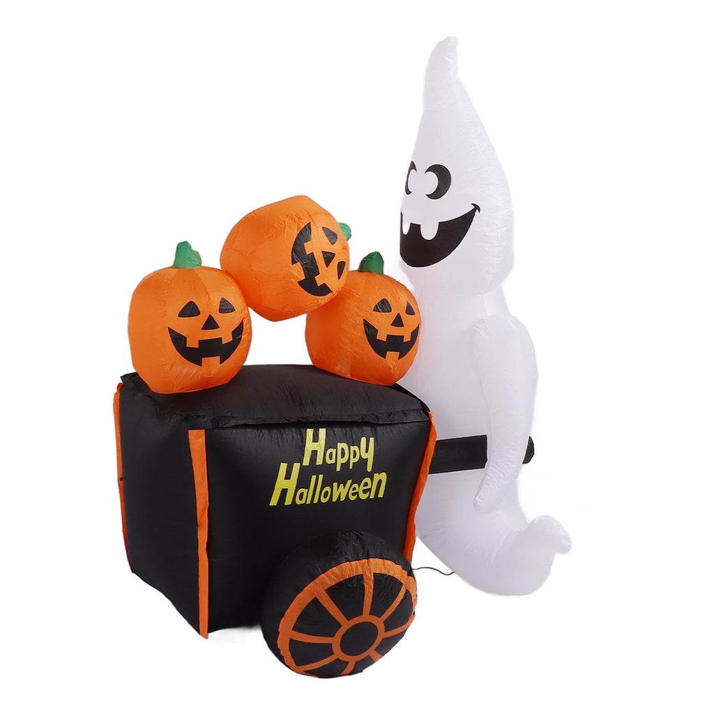 6ft Halloween Inflatable Ghost Pushing Pumpkin Cart Decor IP44 With Blower LED