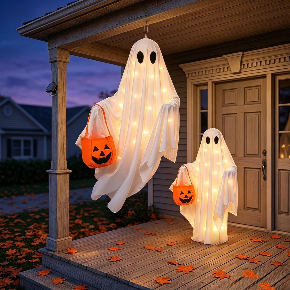 Solar Ghost Halloween Lights 2Pack Hanging Stake Yard Deco