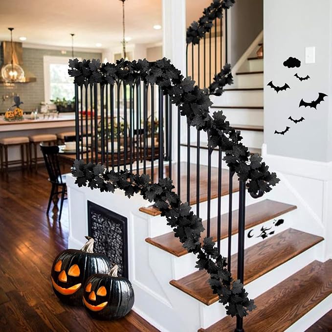2 Pcs Black Maple Leaf Garland, Artificial Fall Leaf Vines For Halloween