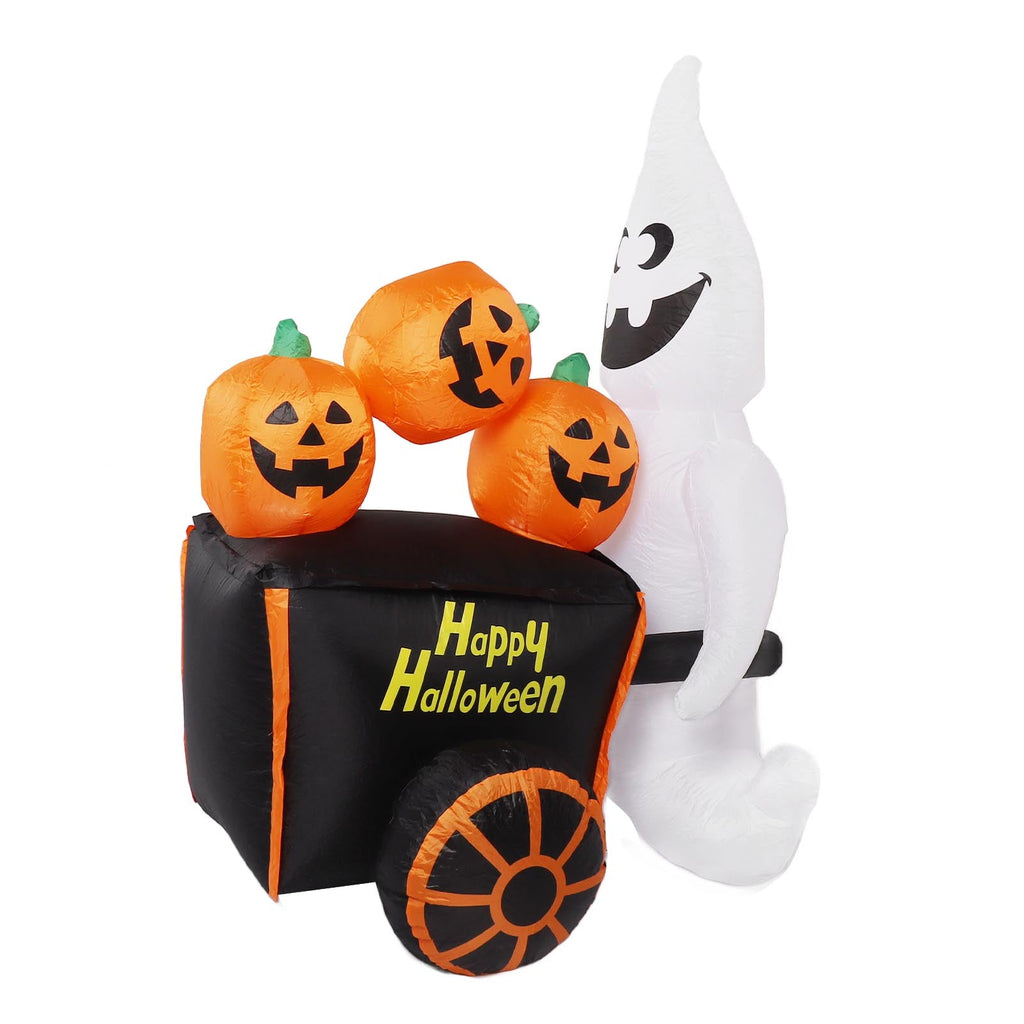 6ft Halloween Inflatable Ghost Pushing Pumpkin Cart Decor IP44 With Blower LED