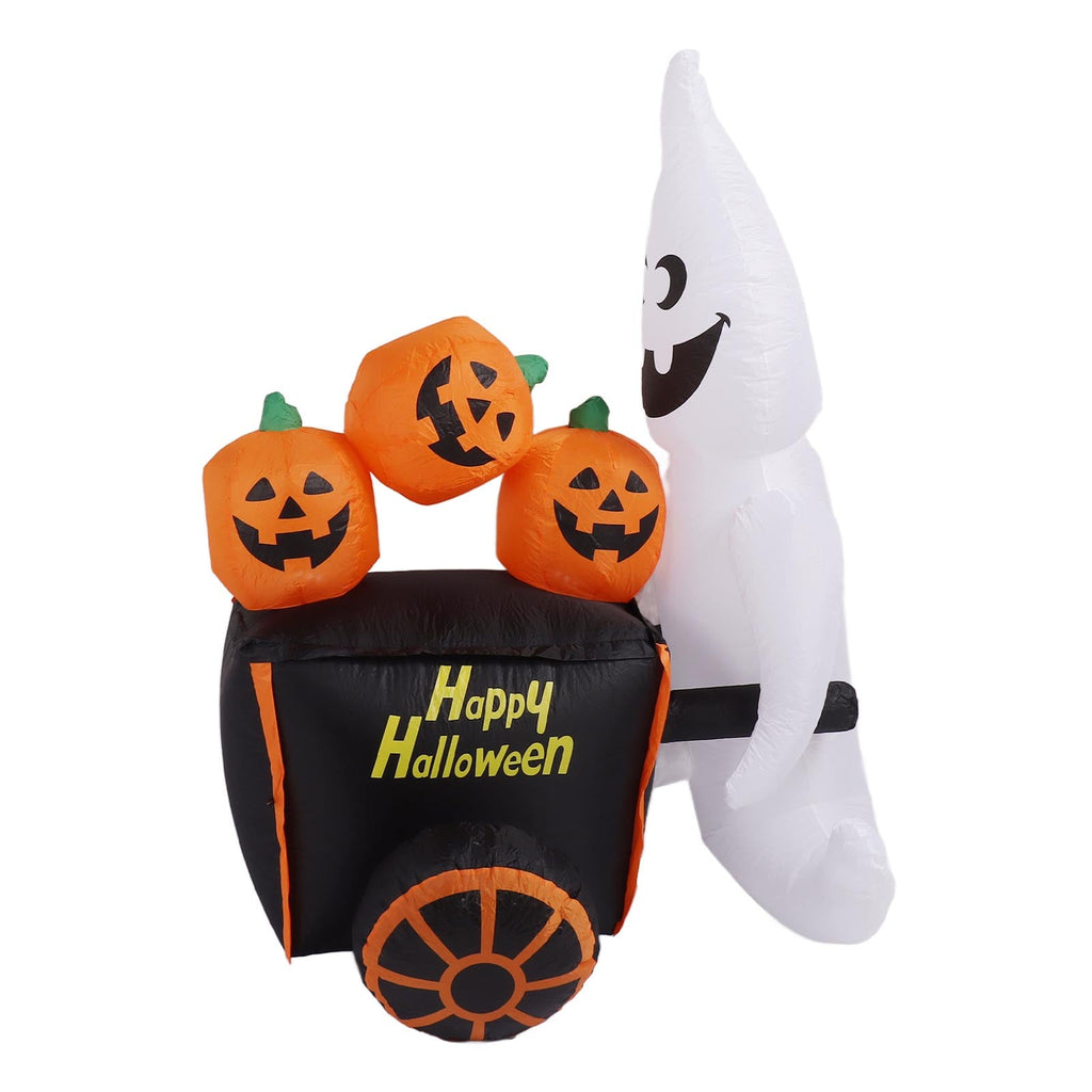 6ft Halloween Inflatable Ghost Pushing Pumpkin Cart Decor IP44 With Blower LED