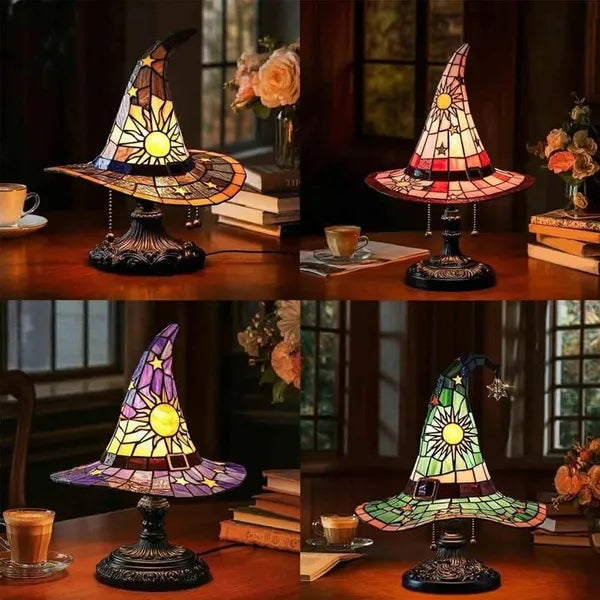 Handmade Gothic Witch Hat Night Light –Witch Hat Lamp Stained Glass LED Lamp