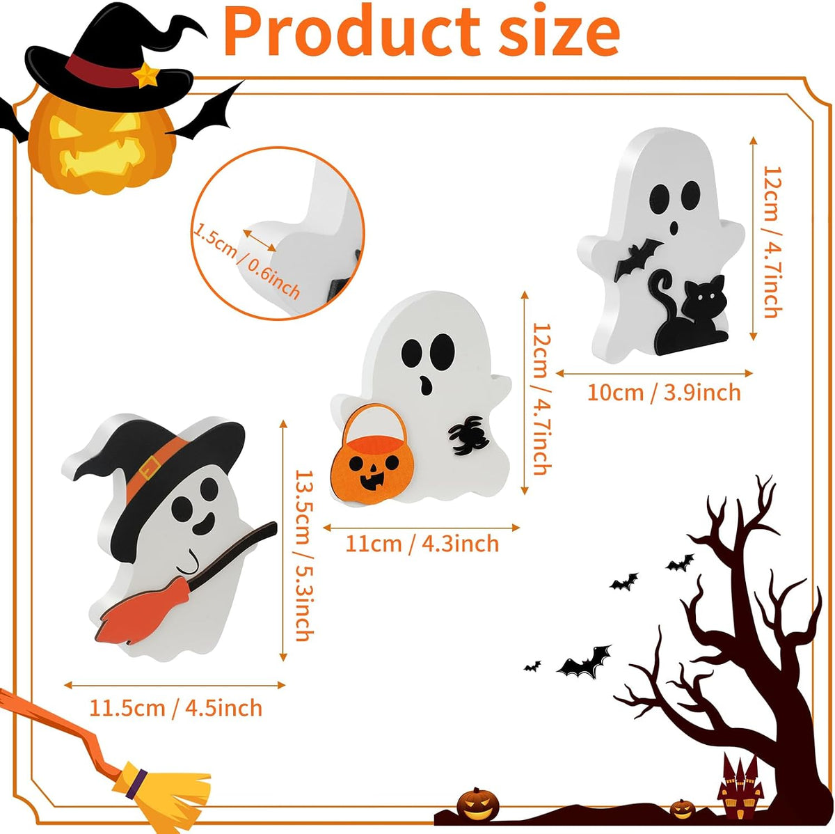 3 Pack Halloween Decorations, Cute Ghost Tabletop Decor, Wooden Tiered Tray