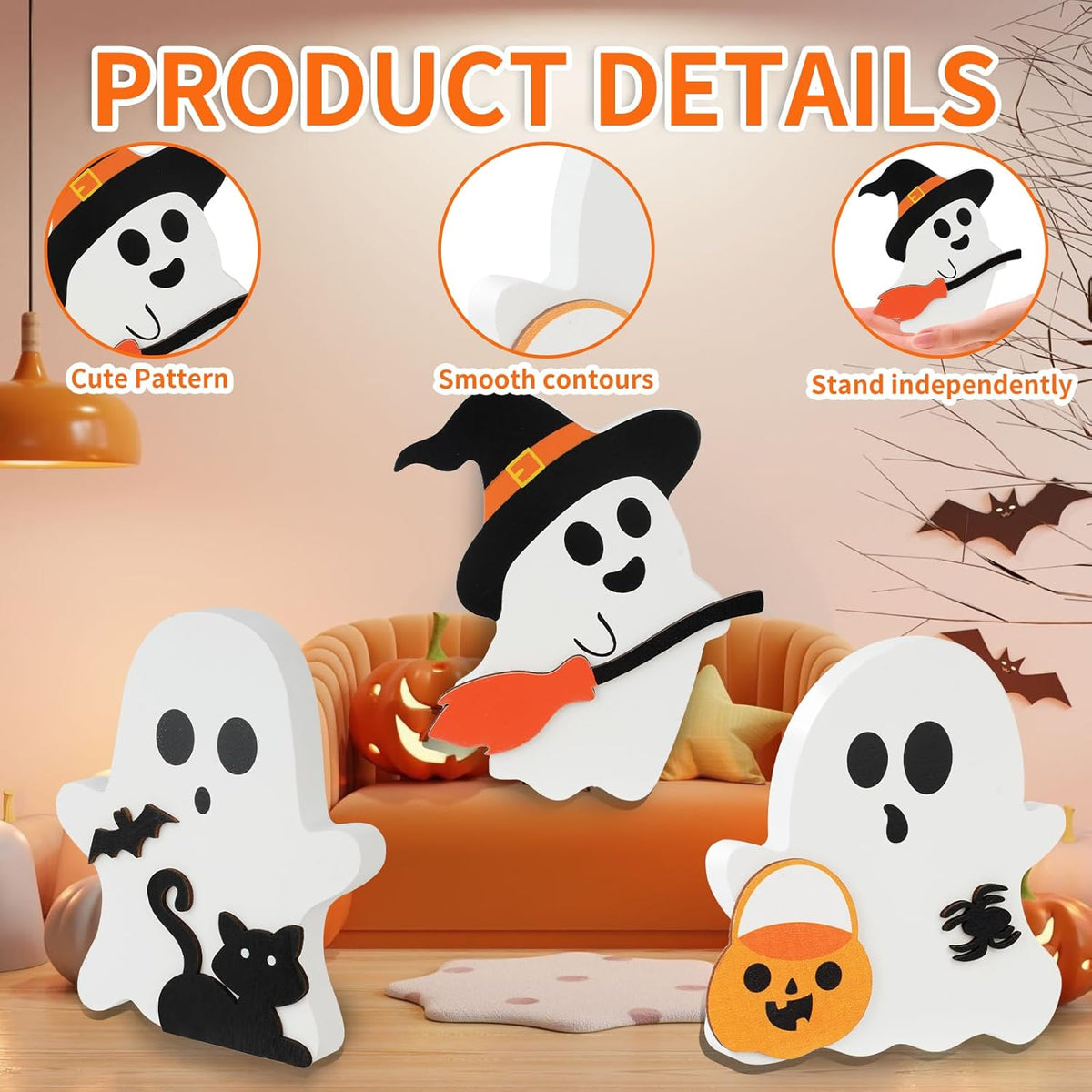 3 Pack Halloween Decorations, Cute Ghost Tabletop Decor, Wooden Tiered Tray