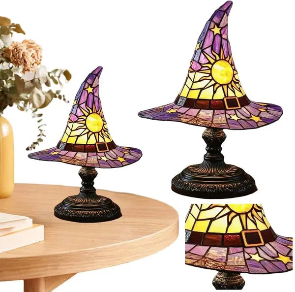 Handmade Gothic Witch Hat Night Light –Witch Hat Lamp Stained Glass LED Lamp