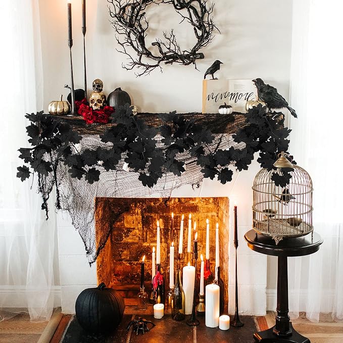 2 Pcs Black Maple Leaf Garland, Artificial Fall Leaf Vines For Halloween