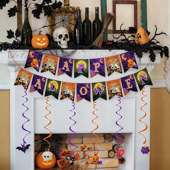 Halloween Party Decorations, Happy Halloween Banner With 6 Hanging Swirls For
