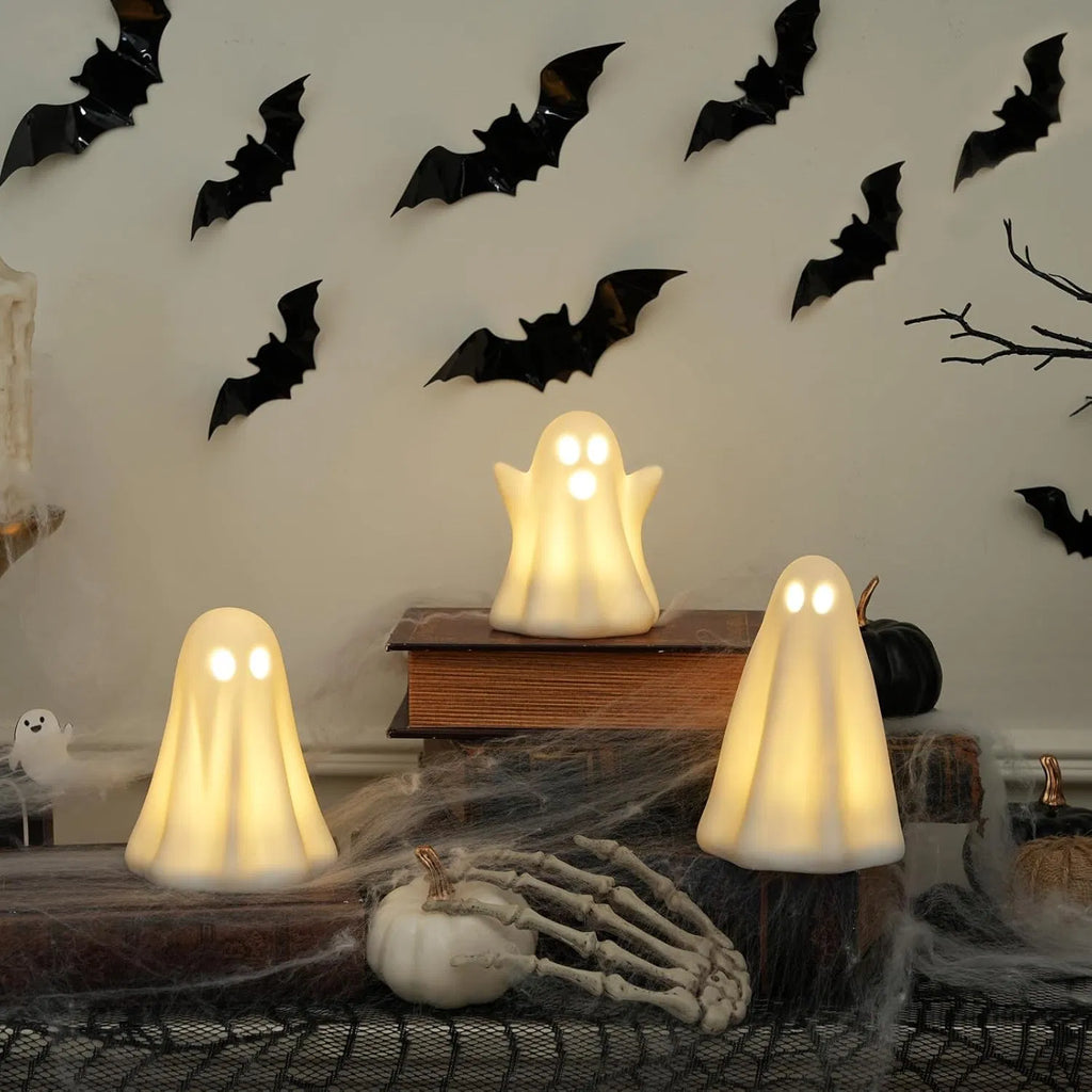 Light Up Ghost Halloween Decor, 3 Pack Ceramic Halloween Ghost Decorations