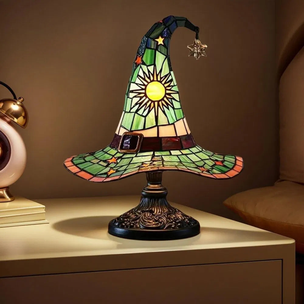 Handmade Gothic Witch Hat Night Light –Witch Hat Lamp Stained Glass LED Lamp