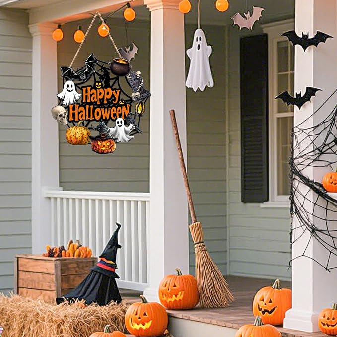Halloween Wooden Ghost Wreath Door Decoration With Pumpkin, Bat And Witch
