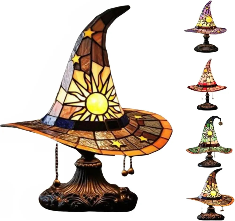Handmade Gothic Witch Hat Night Light –Witch Hat Lamp Stained Glass LED Lamp