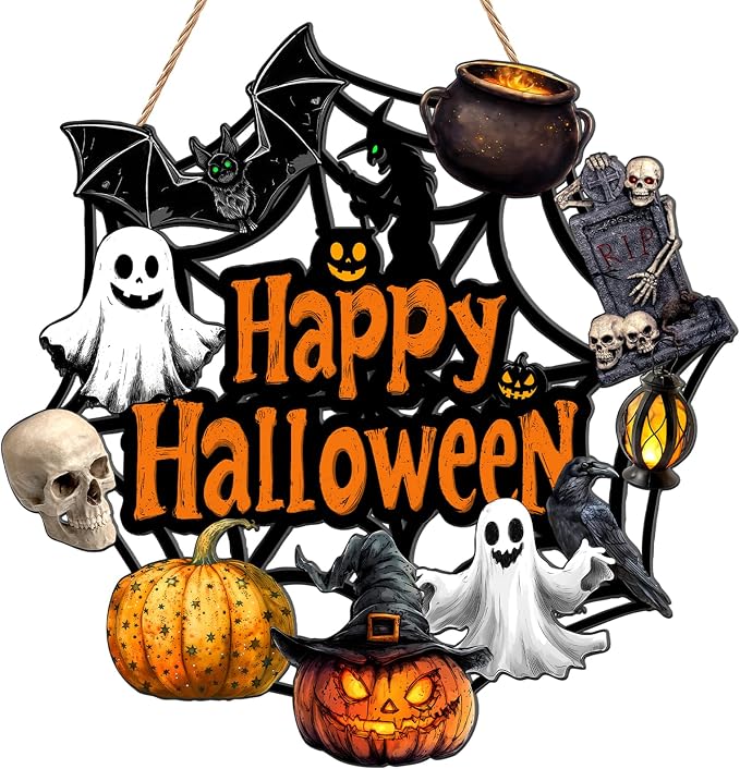 Halloween Wooden Ghost Wreath Door Decoration With Pumpkin, Bat And Witch